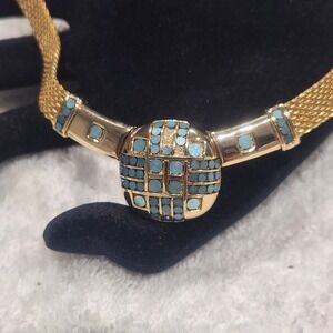 Gold Tone Mesh Collar Necklace Blue Turquoise Enamel Statement orena  paris